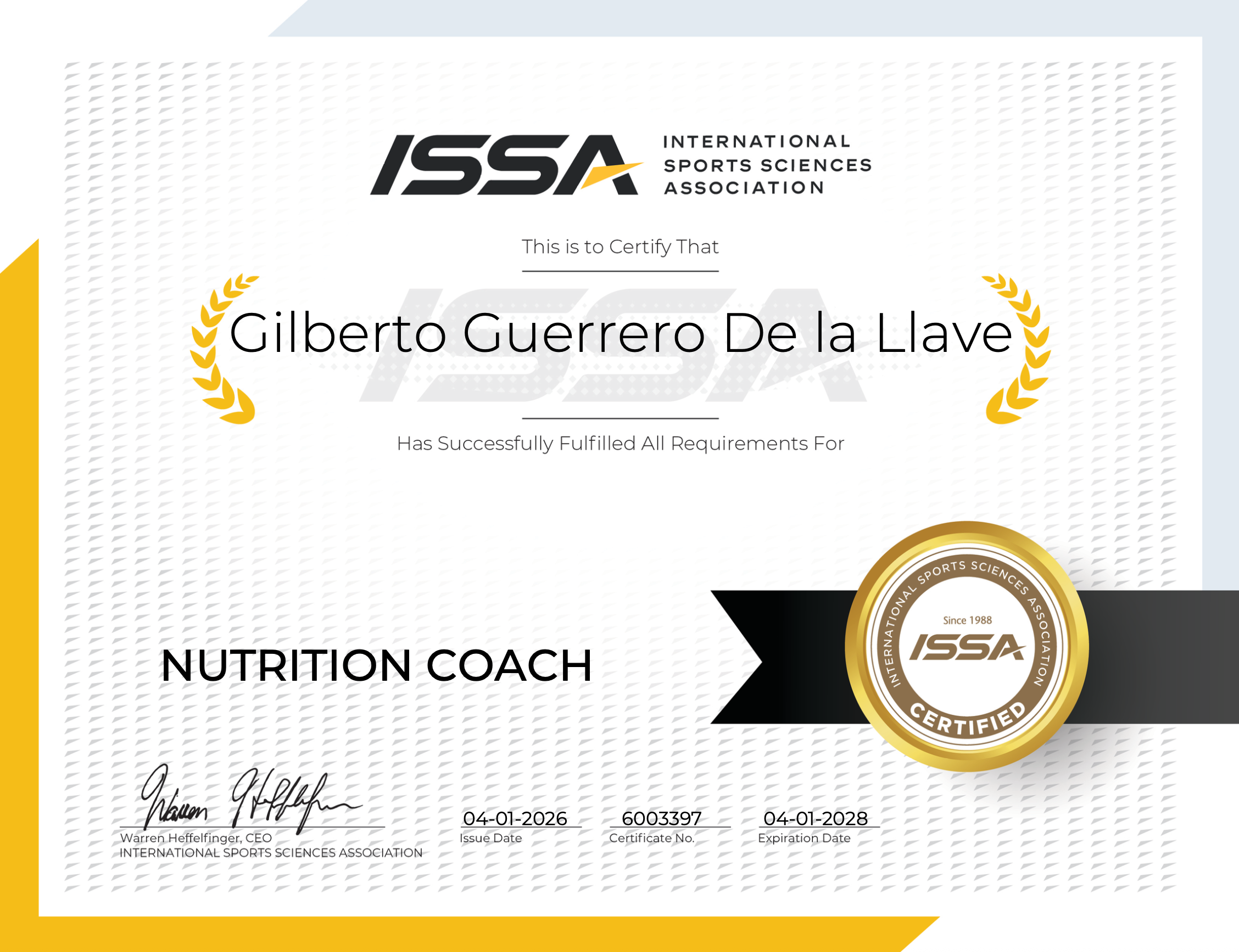 Certificado ISSA de Gilberto Guerrero como Nutrition Coach